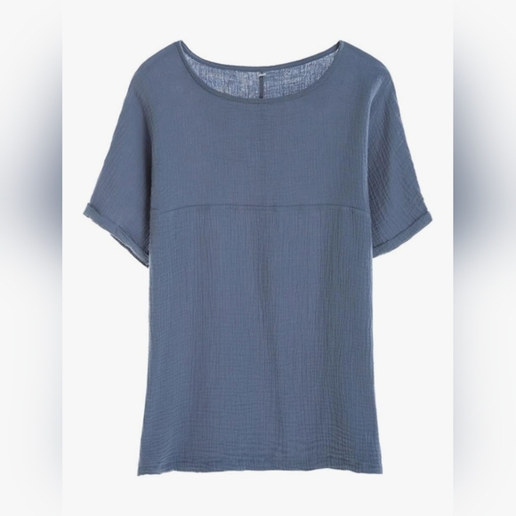 Women's Linen Blue Short Sleeve Top - Picture 1 of 4